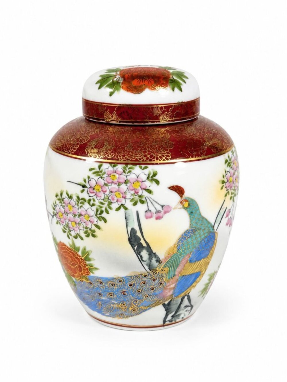 Ginger Jar Vintage Hand-Painted Peacock Japan Porcelain Chinosiere Oriental Flor
